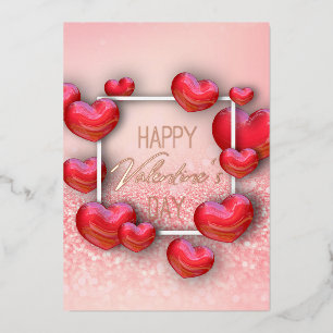 Tarjeta Festiva Con Relieve Metalizado Feliz Día de San Valentín 3D Purpurina de corazone