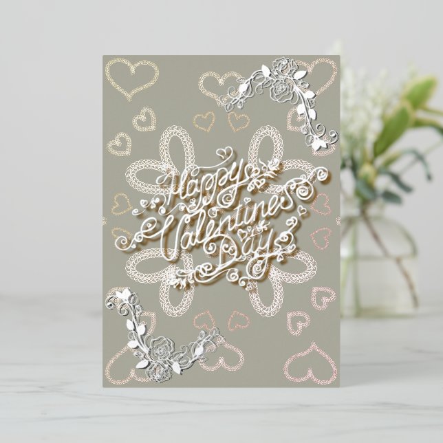 Tarjeta Festiva Con Relieve Metalizado Feliz día de San Valentín con letras de plata y ro (Anverso de pie)