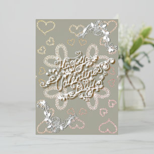 Tarjeta Festiva Con Relieve Metalizado Feliz día de San Valentín con letras plateadas y r