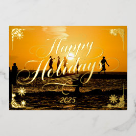 Tarjeta Festiva Con Relieve Metalizado Feliz feriado, poema de Key West Sunset dentro