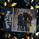Tarjeta Festiva Con Relieve Metalizado Feliz Festival de las Luces y tu foto Menorah<br><div class="desc">Feliz Festival de las Luces y tu foto Menorah</div>
