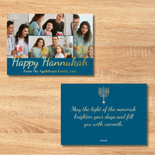Tarjeta Festiva Con Relieve Metalizado feliz hannukah, 4 fotos collage azul y oro