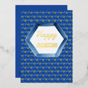 Tarjeta Festiva Con Relieve Metalizado Feliz Hanukkah Acuarela Estrellas de David