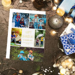 Tarjeta Festiva Con Relieve Metalizado Feliz Hanukkah Collage de fotos moderno oro elegan<br><div class="desc">Esta bonita y moderna tarjeta de Relieve metalizado de oro Happy Hanukkah presenta una moderna disposición de 5 fotos familiares sobre un fondo blanco con una tipografía elegante. Esta hermosa tarjeta judía de festividad fotográfica muestra su propio collage de fotografías que rodea su mensaje y nombre de familia.</div>