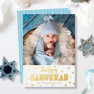 Tarjeta Festiva Con Relieve Metalizado Feliz Hanukkah Foto Moderno Caprichoso Oro Real