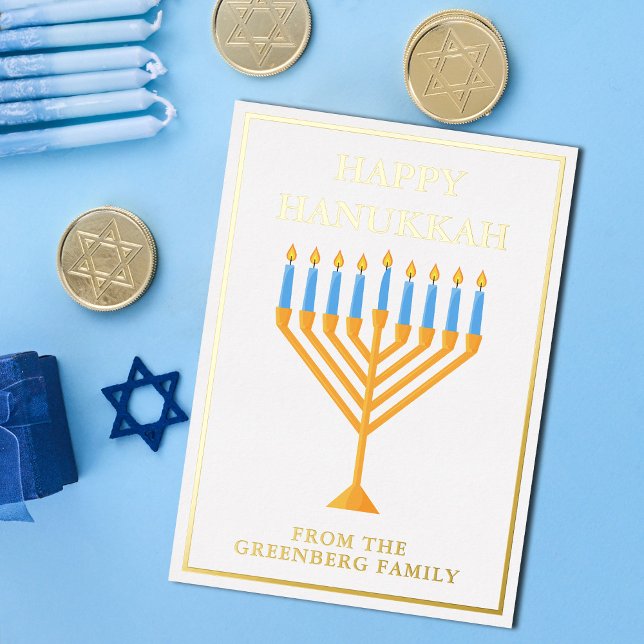 Tarjeta Festiva Con Relieve Metalizado Feliz Hanukkah Menorah Moda Personalizado Gold (Subido por el creador)