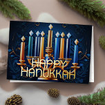 Tarjeta Festiva Con Relieve Metalizado Feliz Hanukkah Resumen Dibujar Menorah Oro Azul<br><div class="desc">Dibujo de Menorah Happy Hanukkah Gold Blue</div>