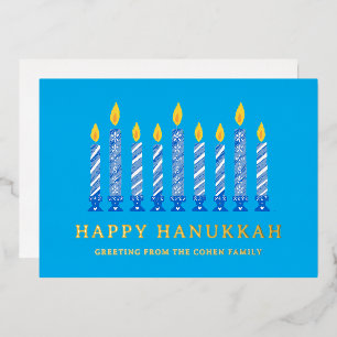 Tarjeta Festiva Con Relieve Metalizado Feliz Hanukkah   Sencillo saludo elegante en velas