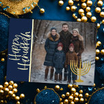 Tarjeta Festiva Con Relieve Metalizado Feliz Hanukkah y tu foto Menorah<br><div class="desc">Feliz Hanukkah y tu foto Menorah</div>