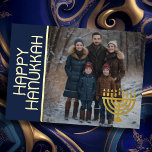 Tarjeta Festiva Con Relieve Metalizado Feliz Hanukkah y tu foto Menorah<br><div class="desc">Feliz Hanukkah y tu foto Menorah</div>