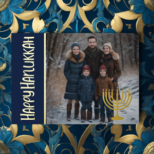 Tarjeta Festiva Con Relieve Metalizado Feliz Hanukkah y tu foto Menorah