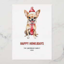 Tarjeta Festiva Con Relieve Metalizado Feliz Howlidays Chihuahua Acuarela
