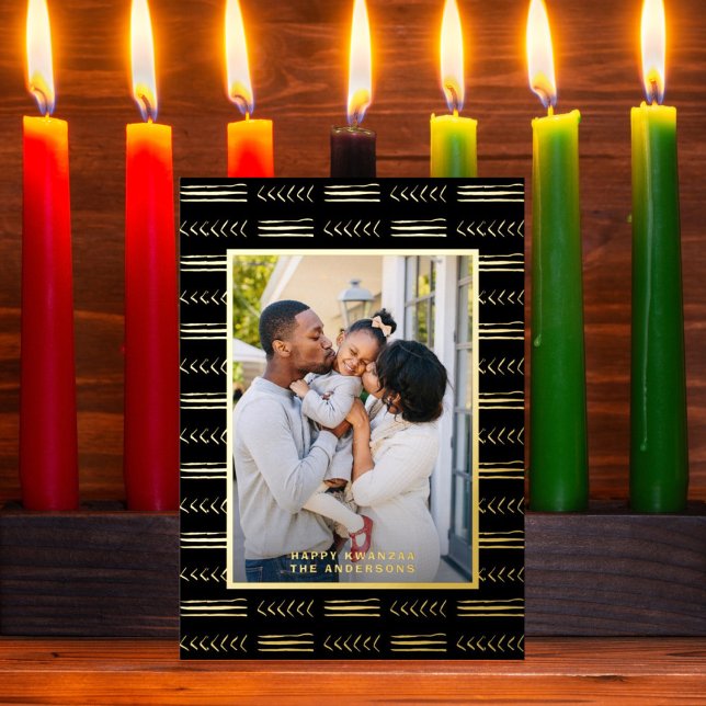 Tarjeta Festiva Con Relieve Metalizado Feliz Kwanzaa Modern Mudcloth Photo Black Gold (Subido por el creador)