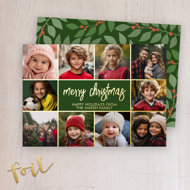 Tarjeta Festiva Con Relieve Metalizado Feliz Navidad - 10 Foto - Modern Script Gold (A mod Christmas card - 10 photos and botanical pattern. Deep olive and sage green.)