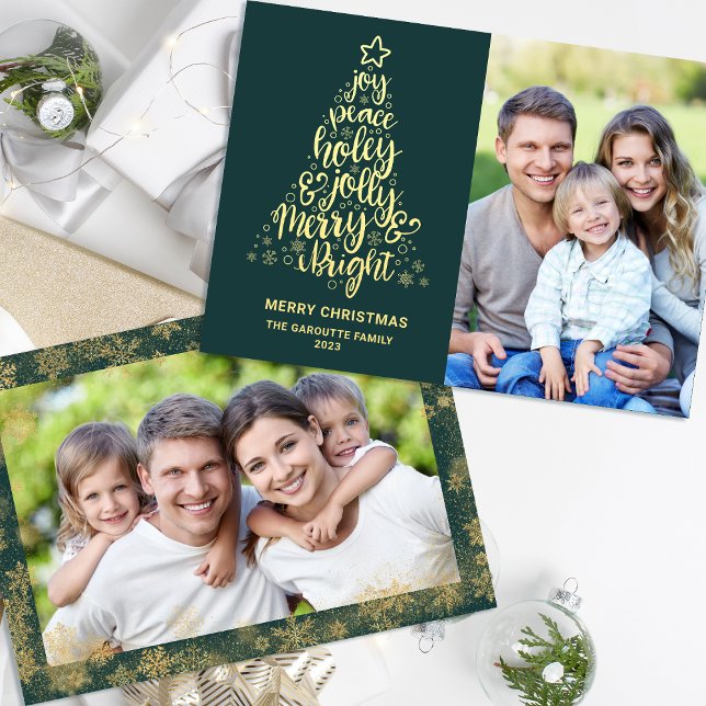 Tarjeta Festiva Con Relieve Metalizado Feliz Navidad 2 Foto Oro (Merry Christmas 2 Photo Gold Foil Holiday Card)