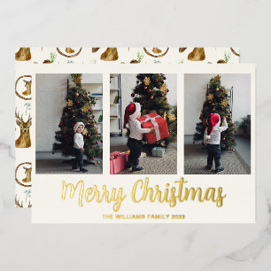 Tarjeta Festiva Con Relieve Metalizado Feliz Navidad 3 Collage de fotos Real Gold