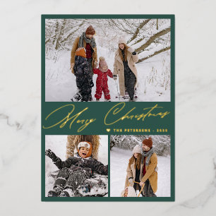 Tarjeta Festiva Con Relieve Metalizado Feliz Navidad 3 fotocolage elegante verde dorado