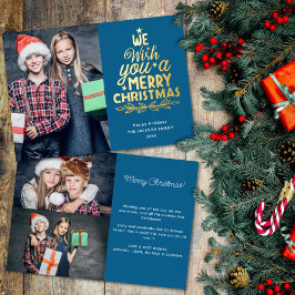 Tarjeta Festiva Con Relieve Metalizado Feliz Navidad 3 fotos familia azul