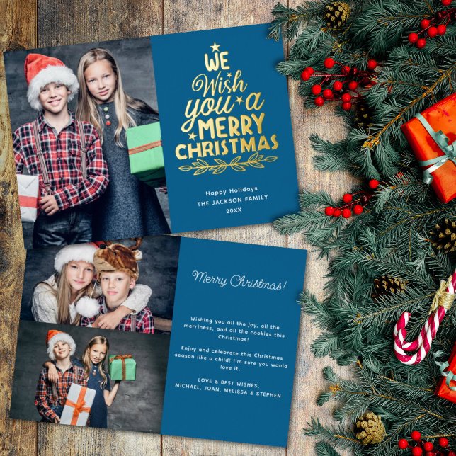 Tarjeta Festiva Con Relieve Metalizado Feliz Navidad 3 fotos familia azul (Subido por el creador)