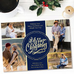 Tarjeta Festiva Con Relieve Metalizado Feliz Navidad 4 Collage de fotos Azul y Oro<br><div class="desc">Personalice esta tarjeta de Navidades de Relieve metalizado dorado de lujo con cuatro de sus fotos favoritas. La plantilla está preparada para que añada sus cuatro fotos y también tiene dos secciones para sus saludos y sus nombres. El centro de la tarjeta tiene la frase "Feliz Navidad" en una paleta...</div>