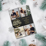 Tarjeta Festiva Con Relieve Metalizado Feliz Navidad 4 Collage de fotos Chalkboard Gold<br><div class="desc">Un elegante diseño de vacaciones de color oro real de Relieve metalizado 4 fotos para que puedas personalizar con tus fotos,  mensajes,  nombres y año favoritos en un fondo de pizarra. El reverso presenta copos de nieve cayendo sobre un fondo de pizarra coincidente. Diseñado por Thisisnotme©</div>