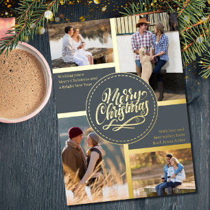 Tarjeta Festiva Con Relieve Metalizado Feliz Navidad 4 Collage de Fotos Gris y Dorado