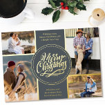 Tarjeta Festiva Con Relieve Metalizado Feliz Navidad 4 Collage de fotos gris y oro<br><div class="desc">Personalice esta tarjeta de Navidades de Relieve metalizado dorado de lujo con cuatro de sus fotos favoritas. La plantilla está preparada para que añada sus cuatro fotos y también tiene dos secciones para sus saludos y sus nombres. El centro de la tarjeta tiene la frase "Feliz Navidad" en una paleta...</div>