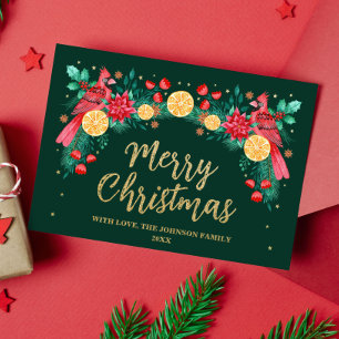 Tarjeta Festiva Con Relieve Metalizado Feliz Navidad acuarela Cardenal Birds Green