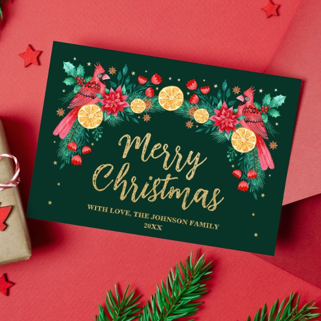 Tarjeta Festiva Con Relieve Metalizado Feliz Navidad acuarela Cardenal Birds Green (Watercolor Cardinal Birds and Christmas Botanicals Foil Holiday Card)