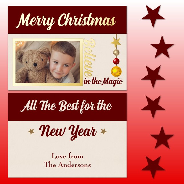 Tarjeta Festiva Con Relieve Metalizado Feliz Navidad agregar foto baubles estrellas burgu (Subido por el creador)