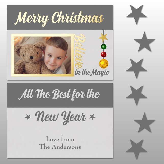 Tarjeta Festiva Con Relieve Metalizado Feliz Navidad agregar foto baubles estrellas grise (Subido por el creador)