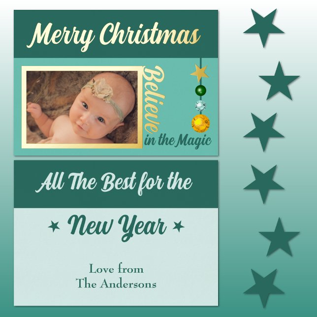 Tarjeta Festiva Con Relieve Metalizado Feliz Navidad agregar foto baubles estrellas verde (Subido por el creador)