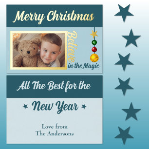 Tarjeta Festiva Con Relieve Metalizado Feliz Navidad añadir foto adornos estrellas azul r