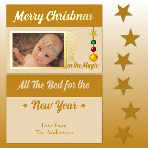 Tarjeta Festiva Con Relieve Metalizado Feliz Navidad añadir foto adornos estrellas oro re