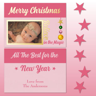 Tarjeta Festiva Con Relieve Metalizado Feliz Navidad añadir foto adornos estrellas rosa r