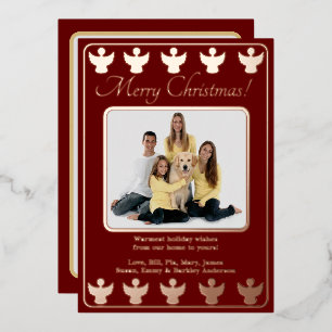 Tarjeta Festiva Con Relieve Metalizado Feliz Navidad Ángel Rojo