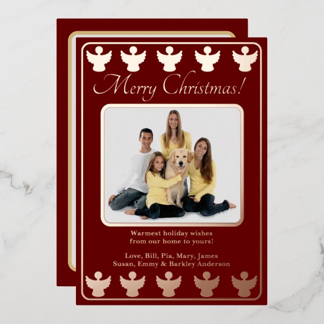 Tarjeta Festiva Con Relieve Metalizado Feliz Navidad Ángel Rojo (Anverso/Reverso)