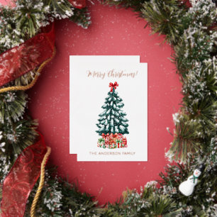 Tarjeta Festiva Con Relieve Metalizado Feliz Navidad Árbol Nevado Rosa Dorado