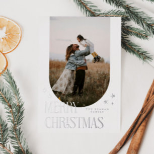 Tarjeta Festiva Con Relieve Metalizado Feliz Navidad Arco Minimalista Blanco