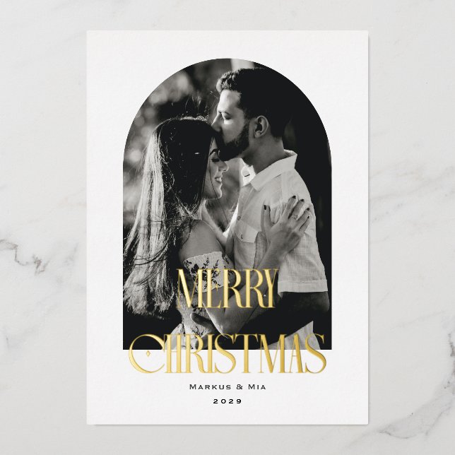 Tarjeta Festiva Con Relieve Metalizado Feliz Navidad Arco moderno (Anverso)