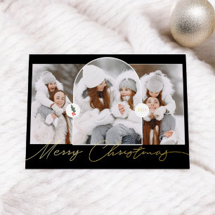 Tarjeta Festiva Con Relieve Metalizado Feliz navidad arco moderno 3 fotos guión negro