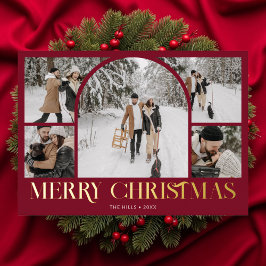 Tarjeta Festiva Con Relieve Metalizado Feliz Navidad Arco Vintage Foto Collage Rojo