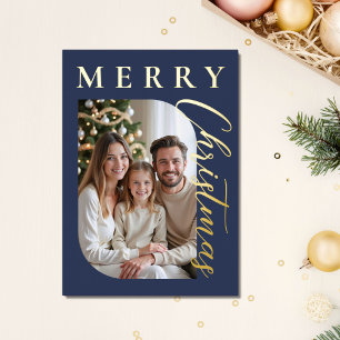 Tarjeta Festiva Con Relieve Metalizado Feliz navidad azul foto oro