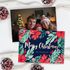 Tarjeta Festiva Con Relieve Metalizado Feliz Navidad Azul Rojo Elegante Foto Botánica
