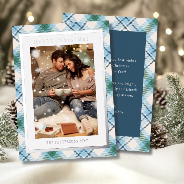 Tarjeta Festiva Con Relieve Metalizado Feliz Navidad Azul Verde Placa Tartán Foto (Subido por el creador)