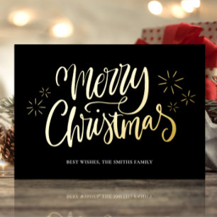 Tarjeta Festiva Con Relieve Metalizado Feliz Navidad Black Gold Calligraphy Non Photo