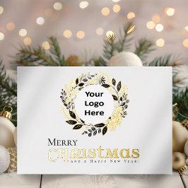 Tarjeta Festiva Con Relieve Metalizado Feliz Navidad Black Gold Wreath Business
