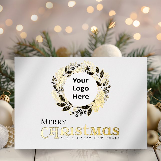 Tarjeta Festiva Con Relieve Metalizado Feliz Navidad Black Gold Wreath Business (Modern Black and Gold Foil Wreath Christmas Business Holiday Cards for Clients and Employees)