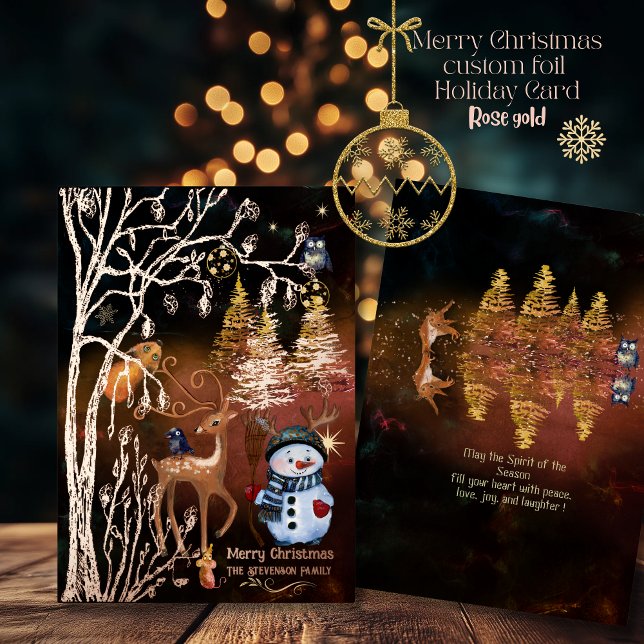 Tarjeta Festiva Con Relieve Metalizado Feliz Navidad Bosque Encantado en Woodland (Merry Christmas Woodland Enchanted Forest Foil Holiday Card)