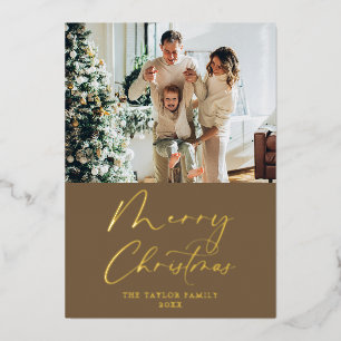 Tarjeta Festiva Con Relieve Metalizado Feliz Navidad Brown con oro